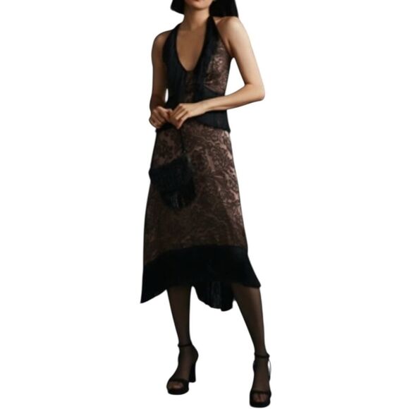 Anthropologie Dress 10 Halter Fringe Silk Floral Burnout Flapper Party New $268 - Picture 1 of 6